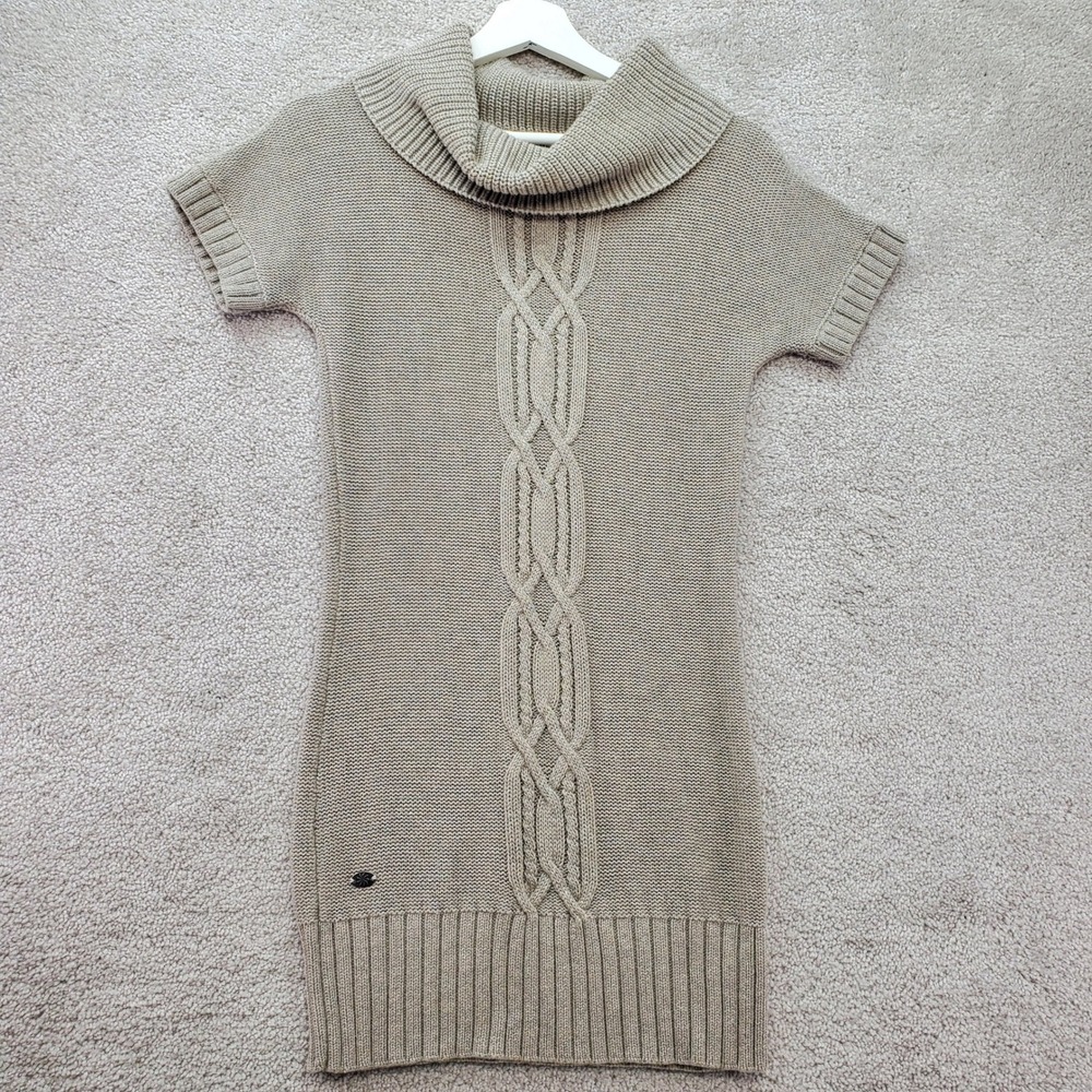Athleta Sweater Dress Women XXS Taupe Cowl Neck Cable Knit Short Sleeve